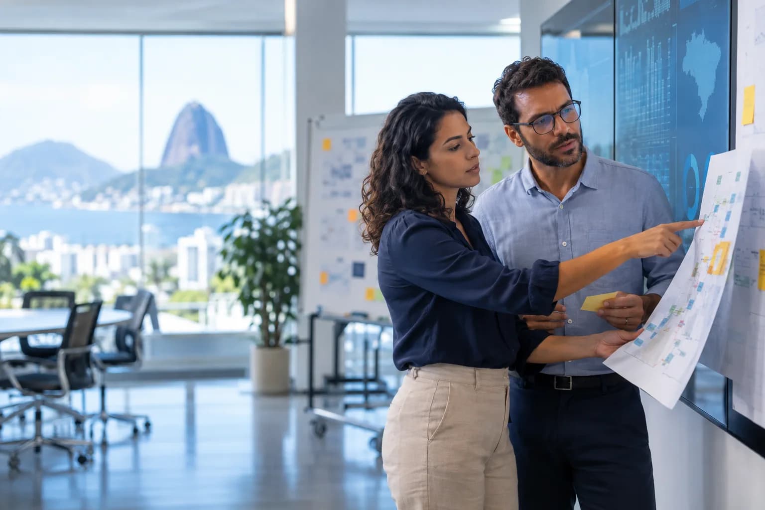 Profissionais relacionando dados e etapas de um processo