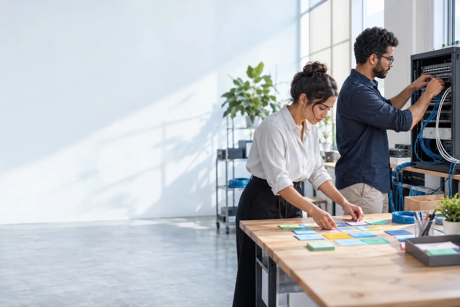 Profissionais conectando dados e prioridades de trabalho